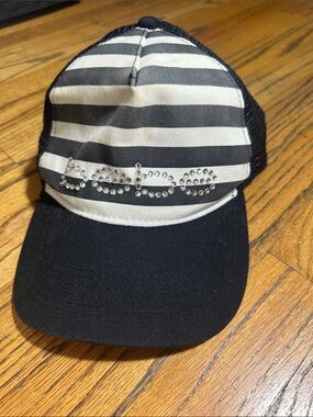 bebe Black & White Striped Rhinestone Trucker Cap